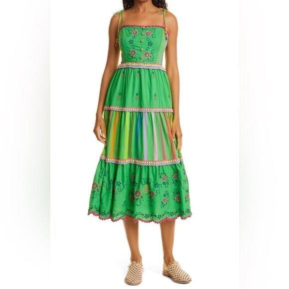 Farm Rio NWT Embroidered Tiered Dress Green Rainbow Stripe XS - Picture 1 of 11